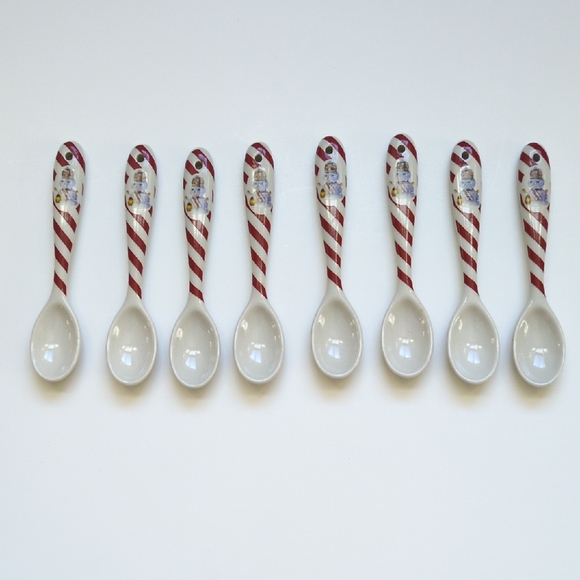 8 Williams Sonoma Ceramic Snowman Christmas Spoons - Red Striped Holiday EUC - Picture 1 of 5